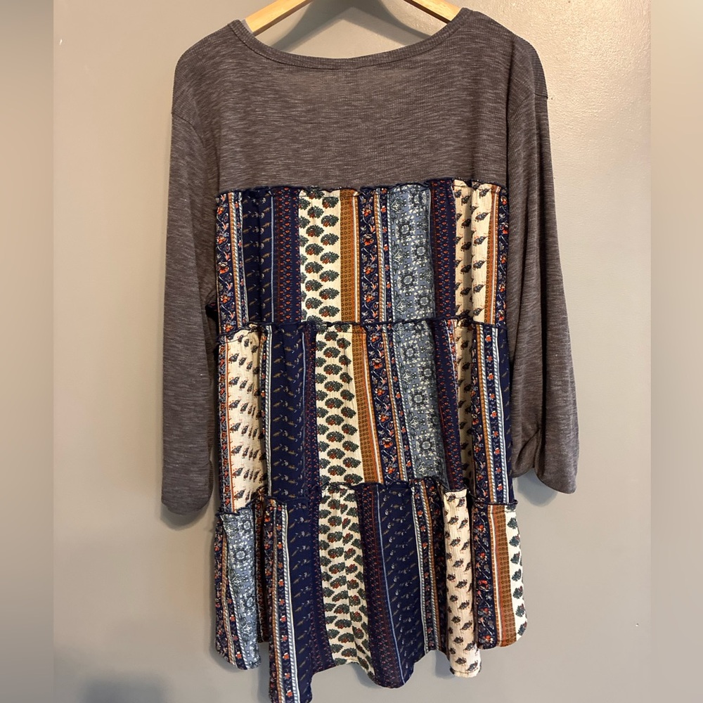 L Love Multicolor Patchwork 3/4 Button Up Tunic - image 1